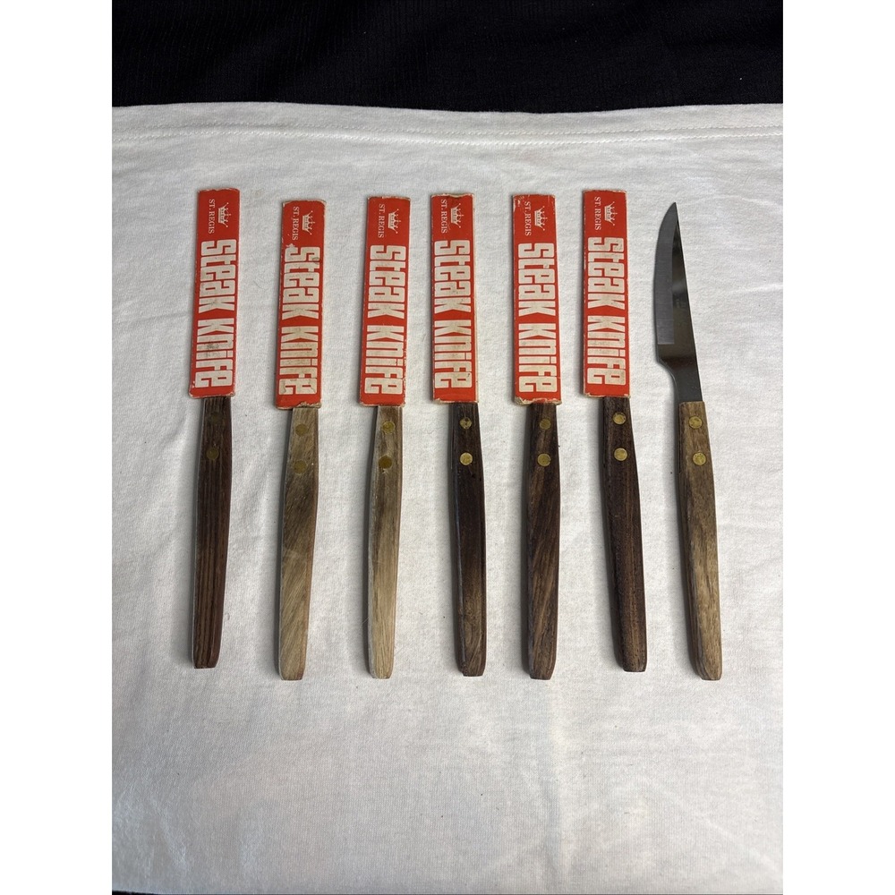 7 Vtg St Regis Stainless Steel Steak Knife Wood Handles Mid Century Japan